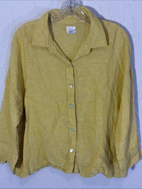 Sigrid Olsen Tops - Sigrid Olsen Chartreuse Yellow Green 100% Linen Button-Down Shirt Sophisticated